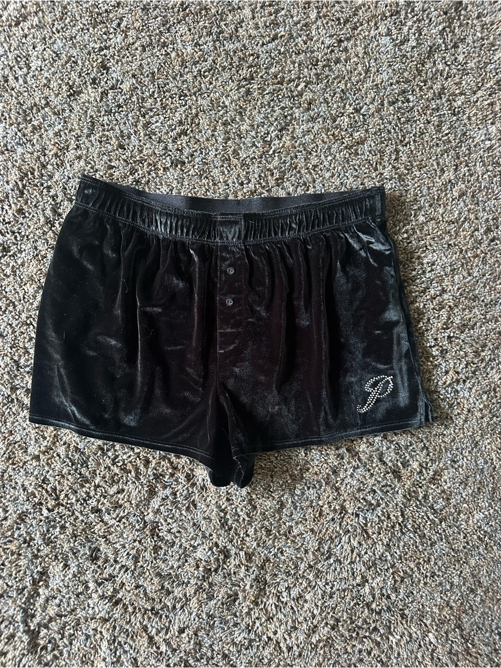 PINK Victoria's Secret Black Velour Lounge Shorts with Rhinestone P Logo